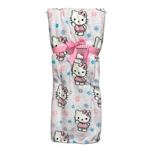 Hello Kitty Sanrio White Pink Blue Spring Flowers Throw Blanket 60x70 NWT